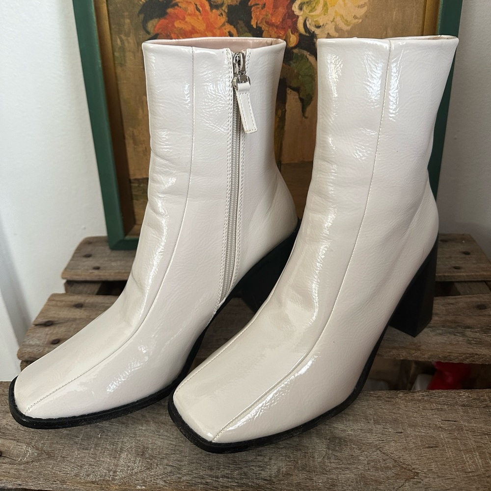 Lulus Kiaya off white patent square toe boots.